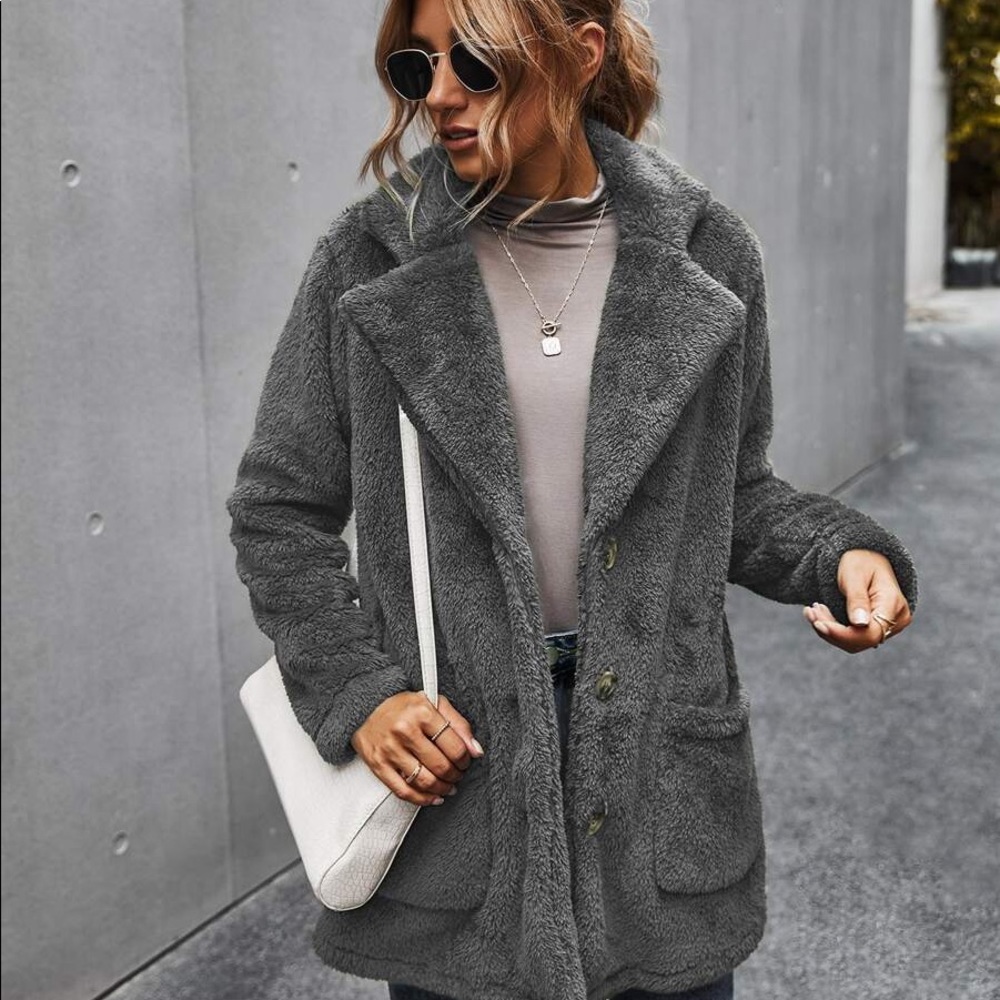 Charcoal Grey comfy button pocket teddy jacket pea coat - Picture 11 of 11